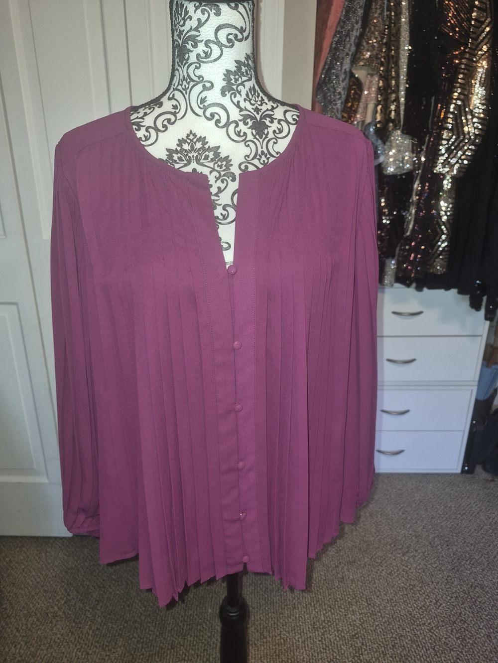 Nine West Pleated Button-Front Blouse in Magenta